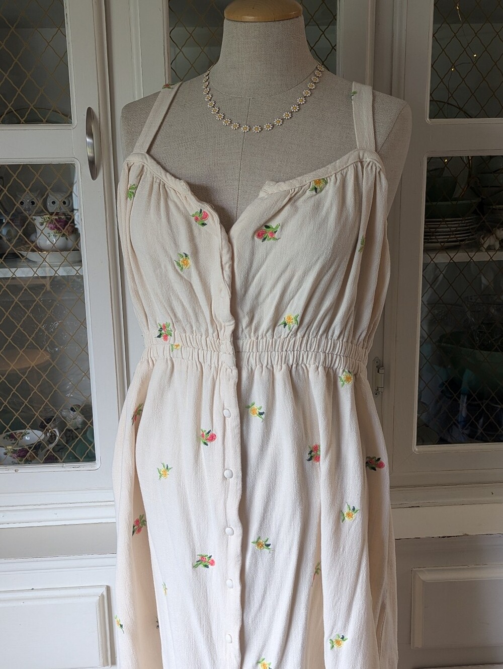Dex Linen Blend Button-Front Empress Waist Dress Floral Embroidery Milk Maid